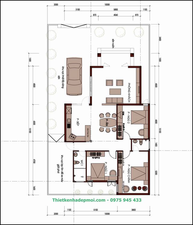 Bản vẽ thiết kế biệt thự nhà vườn 1 tầng 10x15m mái thái 3 phòng ngủ nhìn từ trên xuống dưới đẹp