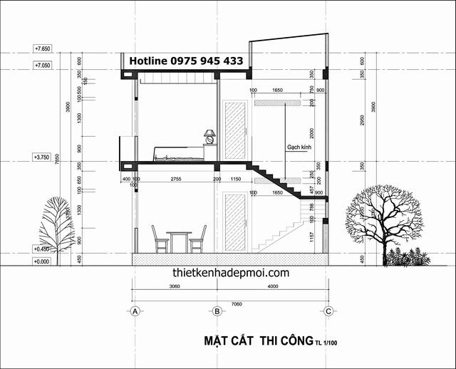 Bản vẽ chi tiết thi công xây dựng nhà phố 2 tầng hiện đại 7x12