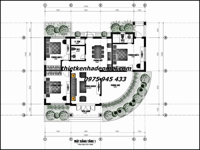 Mẫu thiết kế biệt thự vườn trệt mái thái 3 phòng ngủ 170m2