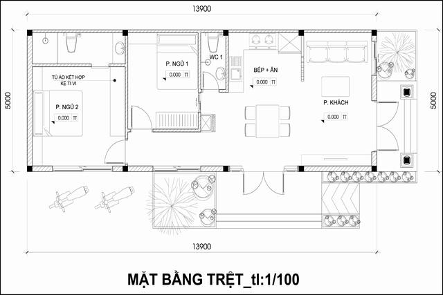 Chi tiết bản vẽ thiết kế nhà cấp 4 80m2 2 phòng ngủ - Kakoi - Công ty thiết  kế và thi công nhà ở đẹp