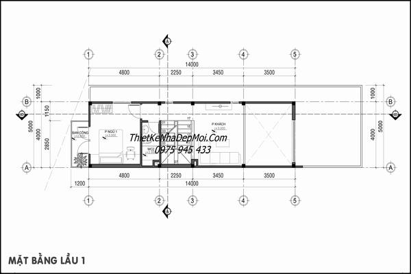 Bản vẽ tầng lửng nhà lệch tầng có gara 5m
