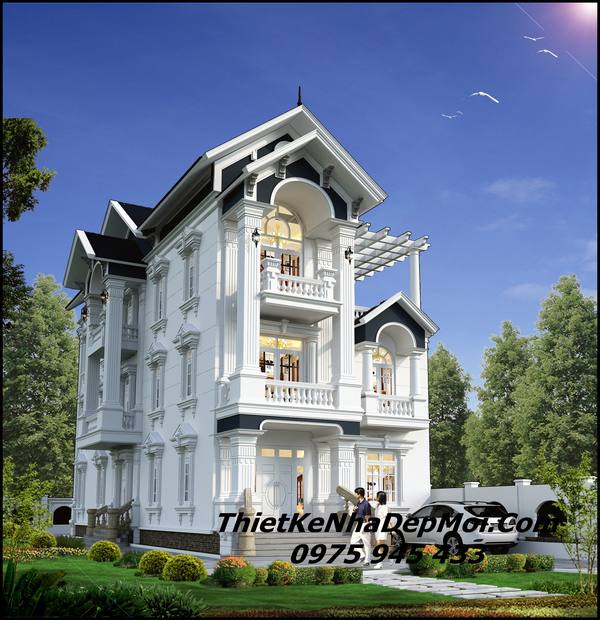 Thiết kế biệt thự 3 tầng mái Thái 2 mặt tiền tân cổ điển đẹp (CĐT: ông Hùng  - Hưng Yên) BT32262