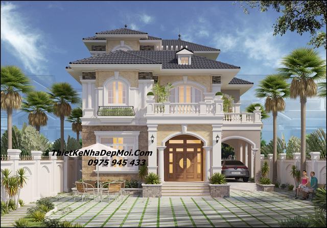 Mẫu thiết kế nhà 2 tầng 160m2 kiểu biệt thự sân vườn 4 phòng ngủ mái thái  đẹp lung linh ở Hưng Yên BT22375