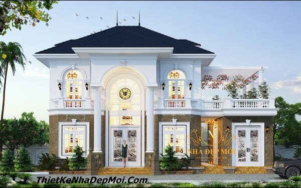 Mẫu nhà tân cổ điển sân vườn đẹp 2 tầng kiểu Villa mái Nhật châu âu 2023