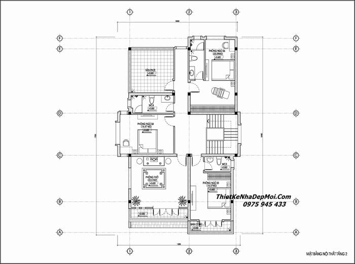 Thiết kế nhà 2 tầng 5 phòng ngủ mái thái 