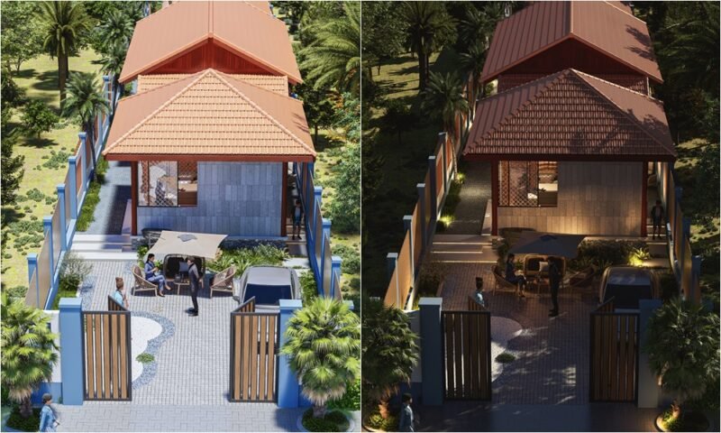 Bản vẽ nhà trệt cấp 4 hình chữ L mặt tiền ngang 8m 3 phòng ngủ đầy đủ 2026 Nhà cấp 4 mặt tiền 8m hiện đại 2027