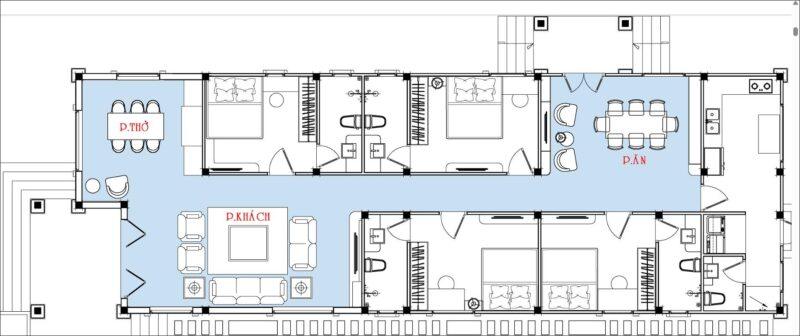 Mặt bằng nhà cấp 4 mái Nhật 8x20m 4 phòng ngủ 1 phòng thờ 