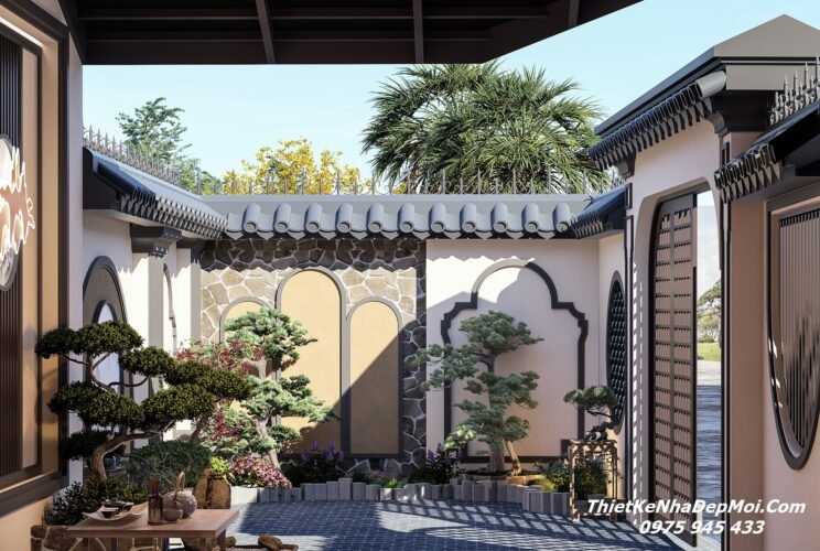 Bản vẽ thi công nhà mái Nhật 1 tầng 130m2 2 phòng ngủ có sẵn để thợ xây Sân vườn trước nhà đẹp 1 tầng mái dốc hiện đại 2 phòng ngủ