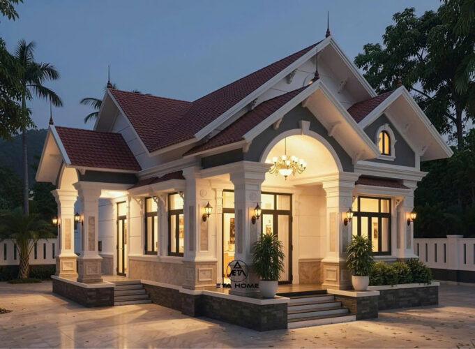 Mẫu nhà chữ L hình vuông 1 tầng mái Thái đẹp 