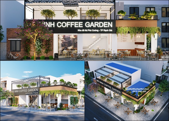 Mẫu thiết kế quán cà phê sân thượng 2 mặt tiền phố tại Kiên Giang