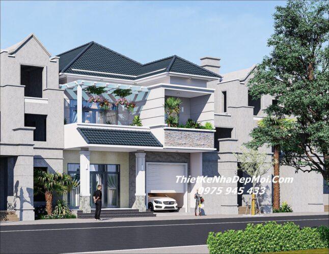 Kiểu nhà biệt thự mái Nhật 2 tầng có gara hiện đại tiết kiệm năm 2026 Mẫu nhà mái Nhật có gara 2 tầng 8x16m