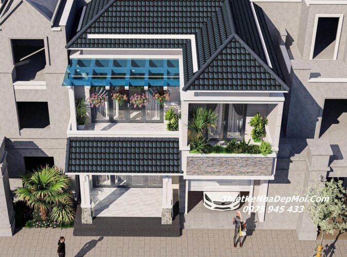 Kiểu nhà biệt thự mái Nhật 2 tầng có gara hiện đại tiết kiệm năm 2026 Thiết kế nhà 2 tầng có gara mái nhật 8x16m mặt tiền