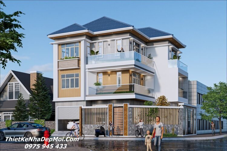 Mẫu biệt thự mái Nhật 2 mặt tiền 3 tầng hiện đại chị An anh Thuận Biệt thự góc đẹp 3 tầng hiện đại mái Nhật thiết kế trên đất bị vát góc 2 mặt tiền