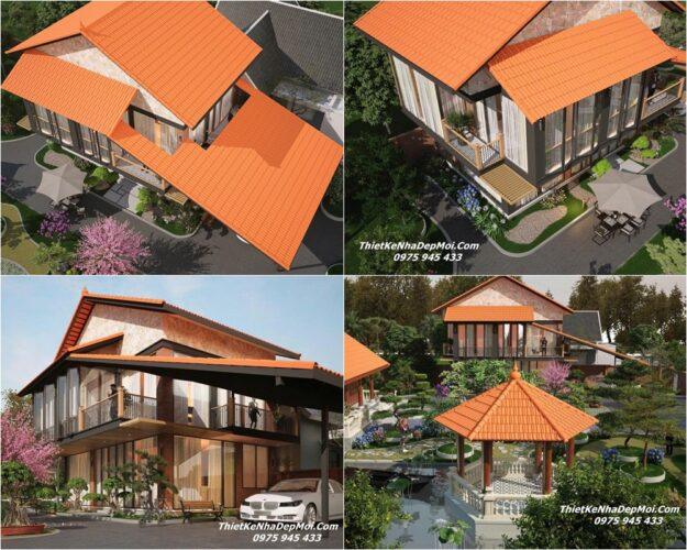 Bản vẽ xây nhà mái dốc 8.5x15m kiểu biệt thự 2 tầng 4 phòng ngủ Nhà vườn mái dốc 2 tầng lợp ngói đỏ truyền thống 4 phòng ngủ 1 phòng thờ