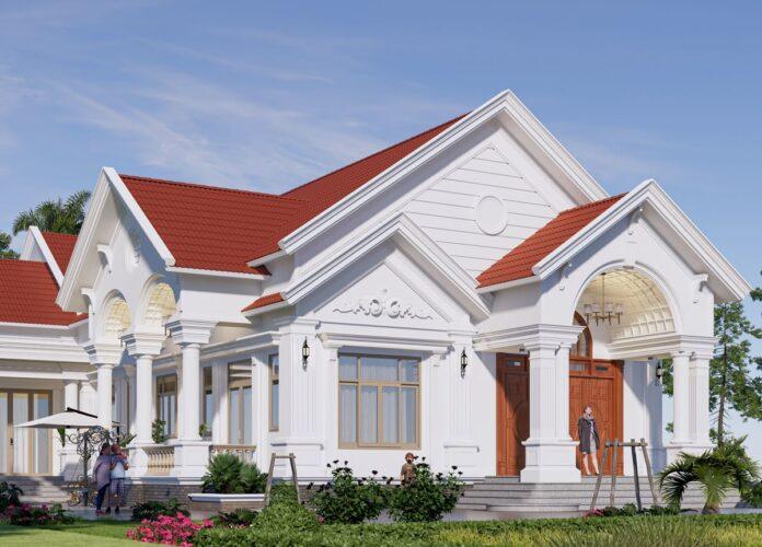 Mẫu nhà vườn 1 tầng truyền thống lợp ngói đỏ 