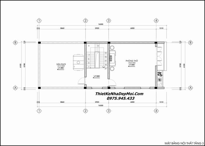 Bản vẽ kỹ thuật thiết kế xây nhà ống 3 tầng 6x16m