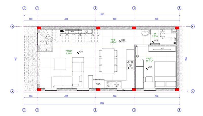 Mặt bằng nhà 1 trệt 1 lầu 5x12m 
