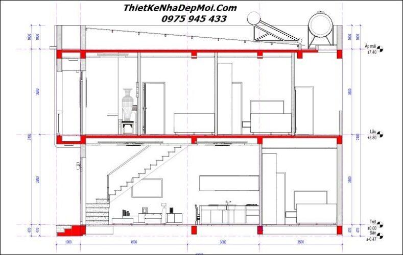 Bản vẽ thi công nhà ống 2 tầng 5x12m 