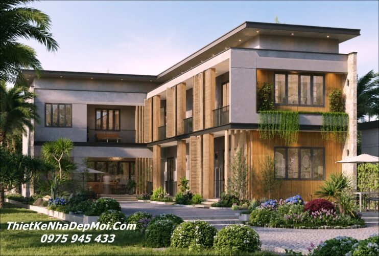 Báo giá thiết kế xây nhà mái bằng đẹp chi phí dưới 1.5 tỷ tại Đồng Nai Nhà vườn đẹp 2 tầng ở quê mái bằng 4 phòng ngủ