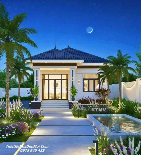 Mẫu nhà vườn 1 tầng hiện đại mái ngói 3 phòng ngủ 8x16m