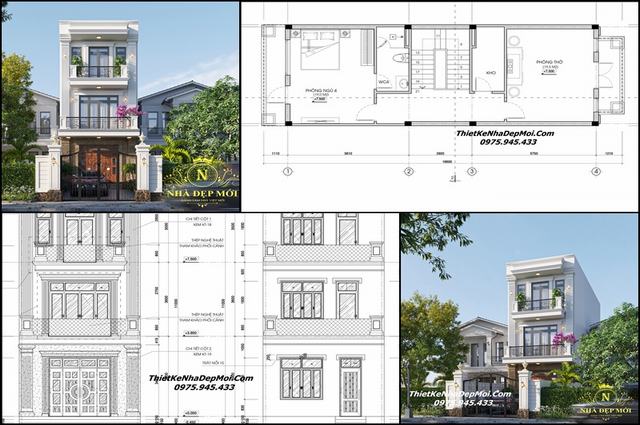 Bản vẽ thiết kế nhà phố 3 tầng 4 phòng ngủ mái bằng năm 2023