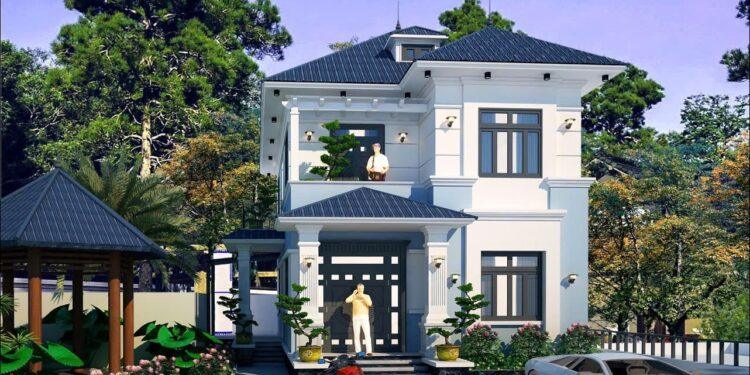 Những kiểu nhà 2 tầng có bản vẽ đầy đủ hoàn chỉnh cho thợ xây Hình ảnh phối cảnh nhà mái nhật 2 tầng 5 phòng ngủ 10x16m phủ bì anh Sơn