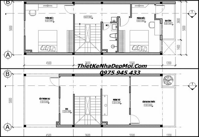 Bản vẽ nhà phố 5x13m 1 trệt 2 lầu 1 sân thượng 