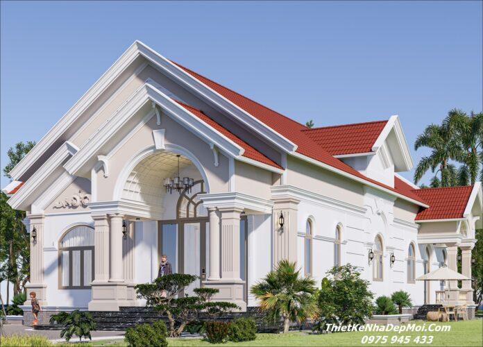 Kiểu nhà biệt thự sân vườn tân cổ điển mái ngói đỏ 