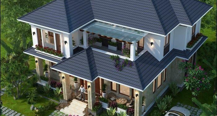 Mẫu nhà vườn 2 tầng mái Nhật ở nông thôn đơn giản