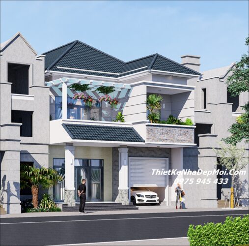 Thiết kế nhà mái Nhật 2 tầng 8x15m 