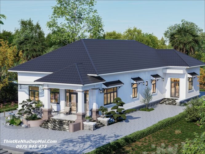 Nhà trệt ngang 15m đẹp có sân vườn hình chữ L