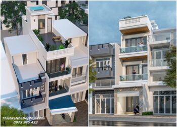 Bản vẽ thiết kế nhà phố có sân vườn trên tầng tum sân thượng 3.5 tầng anh Hoá