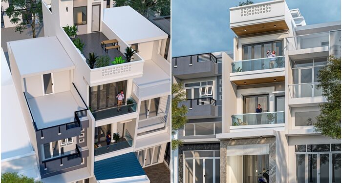 Bản vẽ thiết kế nhà phố có sân vườn trên tầng tum sân thượng 3.5 tầng anh Hoá