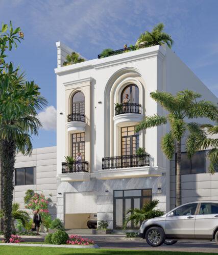 Những mẫu nhà phố mặt tiền có gara 2 đến 3 tầng đẹp có sân thượng 2026 Biệt thự trồng cây trên sân thượng mặt tiền phố 7.5m