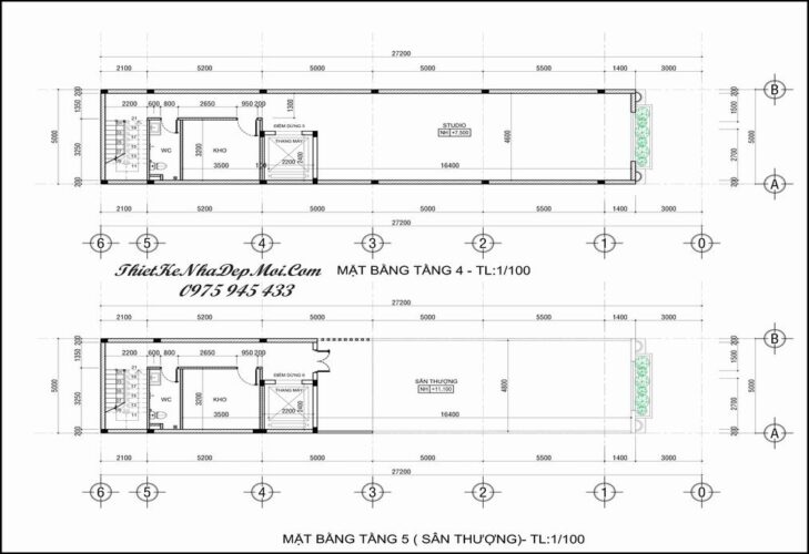 Bản thiết kế nhà phố 5 tầng mặt tiền 5m x 27m