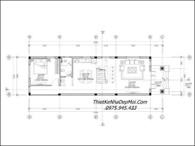 Bản vẽ thiết kế nhà 6m 2 tầng mái Thái đẹp mặt tiền anh Vũ Văn Kiên Mặt bằng tầng 1 thiết kế có phòng khách rộng đến bếp ăn và phòng ngủ sau cùng theo nhu cầu sinh hoạt của vợ chồng anh Hưng