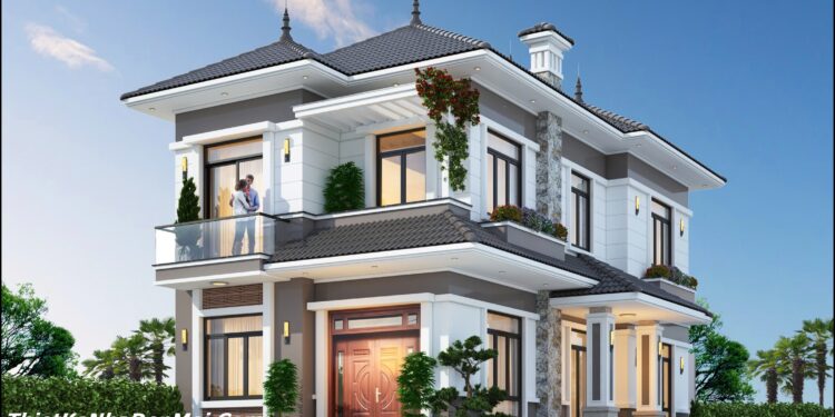 Mẫu nhà 2 tầng 2 mặt tiền mái nhật đẹp hiện đại 100m2 4 phòng ngủ