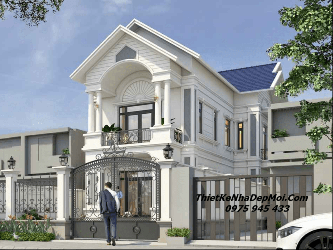 Biệt thự chữ L 2 tầng 4 phòng ngủ 1 phòng thờ mặt tiền 10m diện tích thi công xây dựng 120m2 ngang rộng 8m dài sâu 18m mặt tiền phố 10m tân cổ điển năm 2026 - 2027 