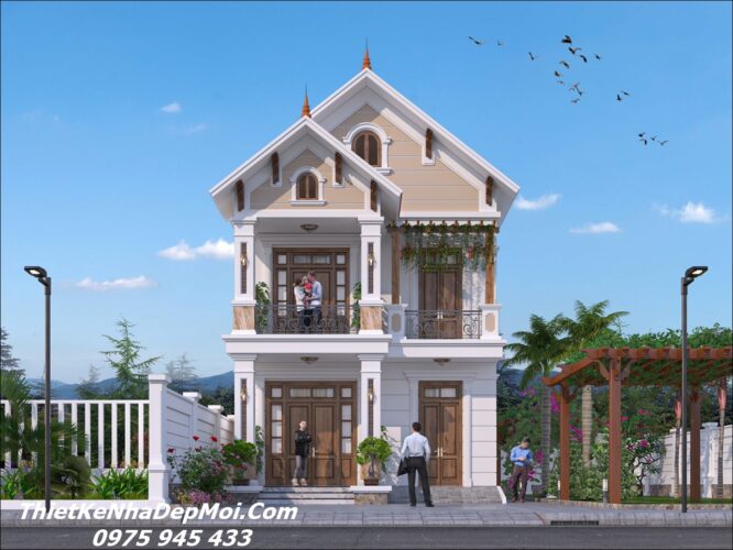 Bản vẽ biệt thự mini 2 tầng mặt tiền 8m 4 phòng ngủ 1 phòng thờ mái Thái diện tích 7x20m 