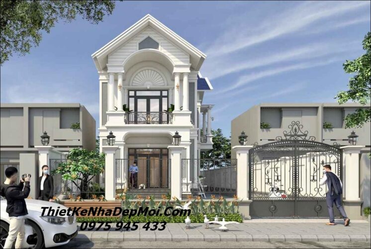 Bản vẽ nhà 2 tầng mái thái 4 phòng ngủ 1 phòng thờ diện tích xây dựng 8x18m 