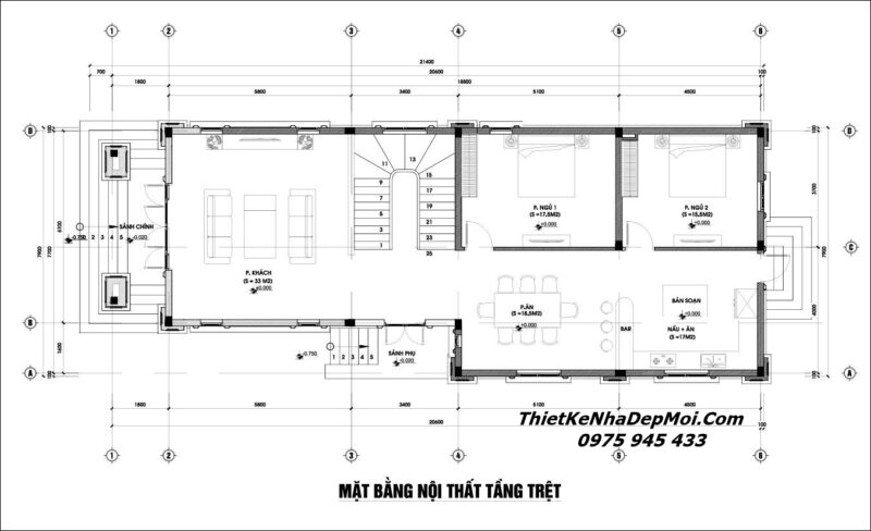 Bản vẽ nhà chữ L 2 tầng 8x18m 