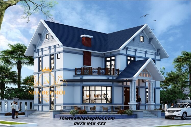 Bản vẽ biệt thự sân vườn 2 tầng nằm ngang đẹp ở quê nông thôn mái Thái 