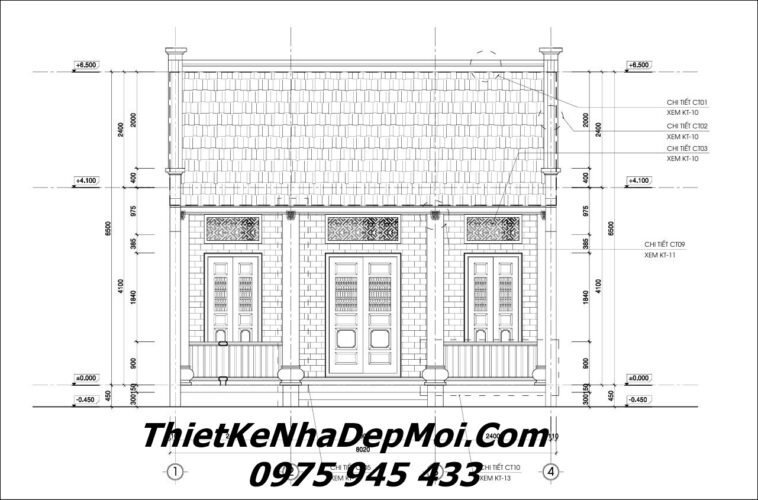 Hồ sơ bản vẽ kỹ thuật thi công nhà truyền thống 1 tầng ở nông thôn File cad nhà thờ từ đường 3 gian diện tích 8x8m