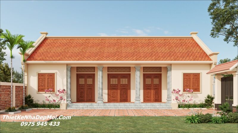 Hồ sơ bản vẽ kỹ thuật thi công nhà truyền thống 1 tầng ở nông thôn Nhà truyền thống ở nông thôn 150m2 có 4 phòng ngủ gian ở giữa là phòng thờ