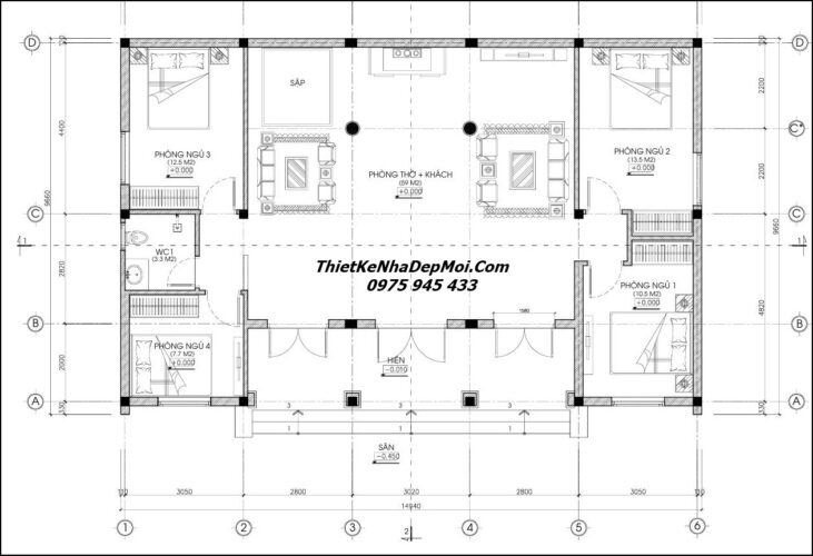 Hồ sơ bản vẽ kỹ thuật thi công nhà truyền thống 1 tầng ở nông thôn Bản vẽ thiết kế nhà 3 gian 2 chái lợp ngói đỏ 150m2 có 1 phòng thờ 4 phòng ngủ