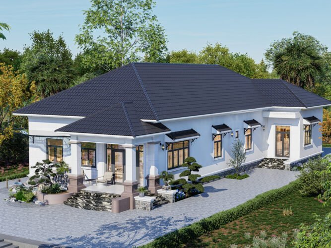 Mẫu nhà cấp 4 mái Nhật hiện đại có sân vườn 180m2 
