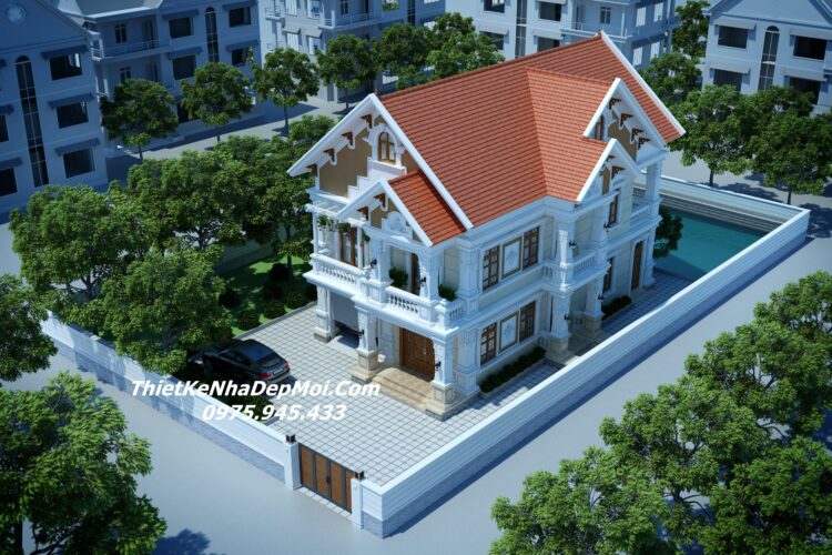 Bản vẽ xây nhà biệt thự mặt tiền 10m 2 tầng mái thái có sân thượng 2025 File cad biệt thự tân cổ điển 2 tầng mái thái 9x16m