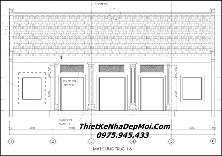 File cad nhà 5 gian 2 chái 4 phòng ngủ 