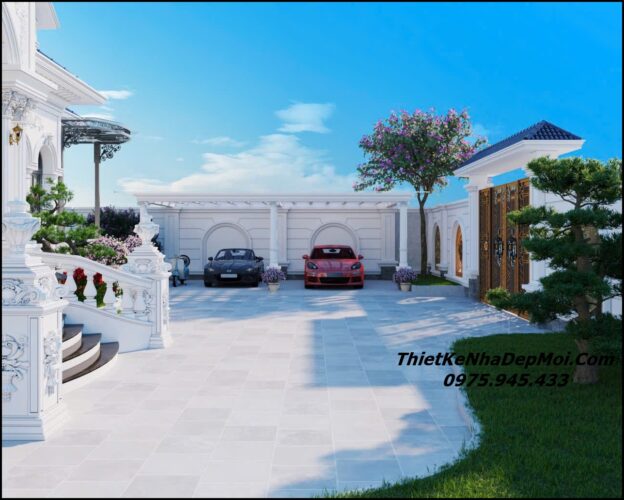 Mẫu nhà 5 gian mái Nhật đẹp có sân vườn nghỉ dưỡng bác Tư Khu vực sân trước của mẫu biệt thự sân vườn 5 gian mái nhật đẹp 200m2