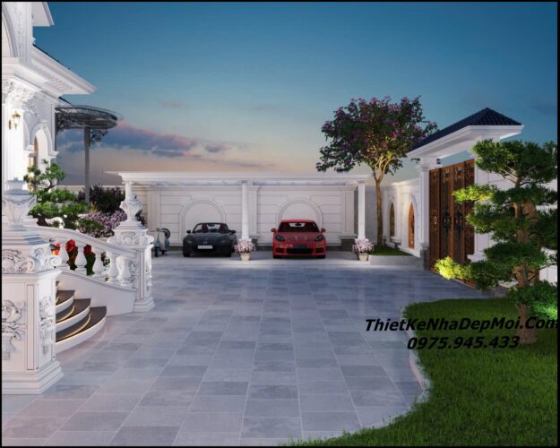 Mẫu nhà 5 gian mái Nhật đẹp có sân vườn nghỉ dưỡng bác Tư Chừa sân trước rộng từ cổng đi vào nhà 5 gian này